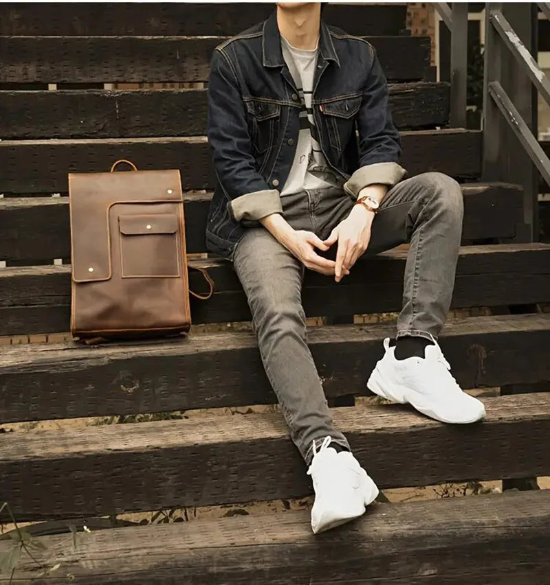 Vintage Crazy Horse Leather Backpack for Men – 15" Laptop Business Travel Bag - COOLCrown Store