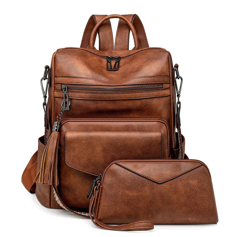 Large Leather Backpack for Women Travel Fashion Shoulder Bag With Tassel Purse - COOLCrown Store