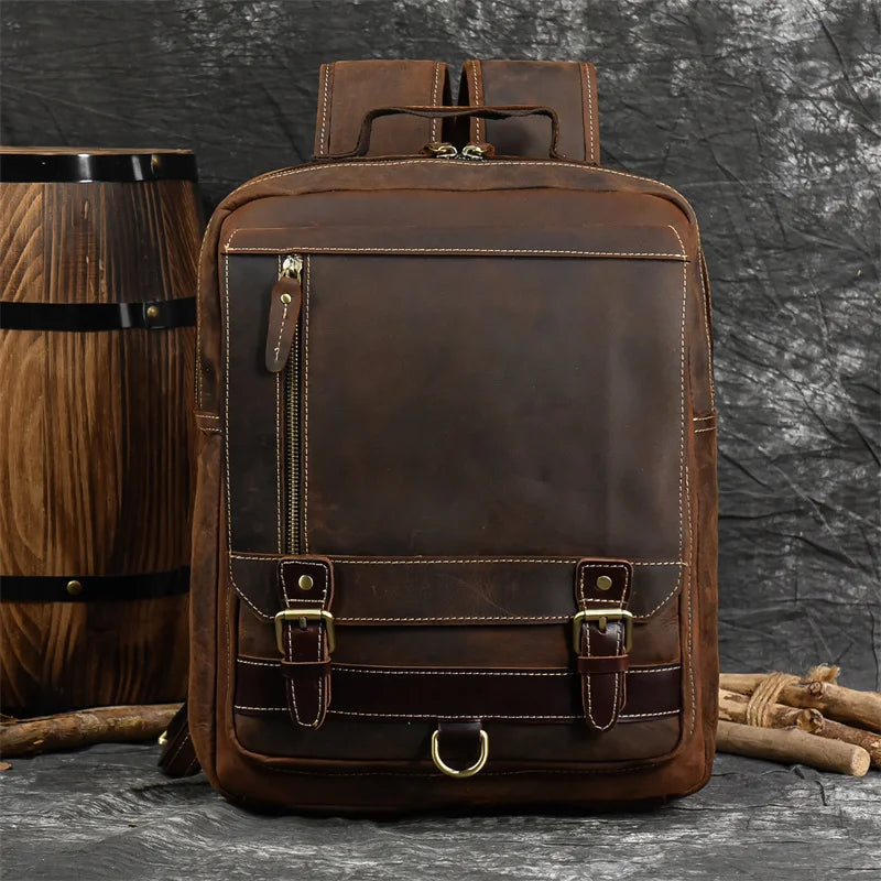 Retro Genuine Leather Backpack for Men – Durable Crazy Horse Daypack