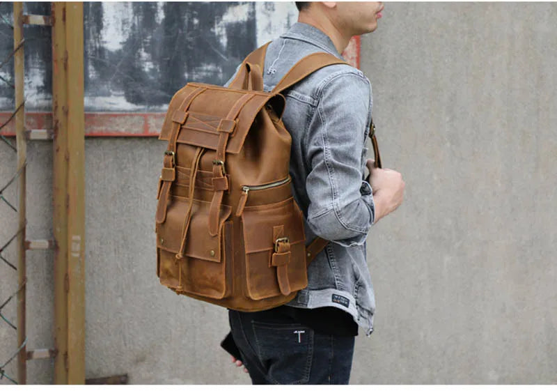 Vintage Crazy Horse Leather Backpack 15.6" Laptop Travel Daypack for Men