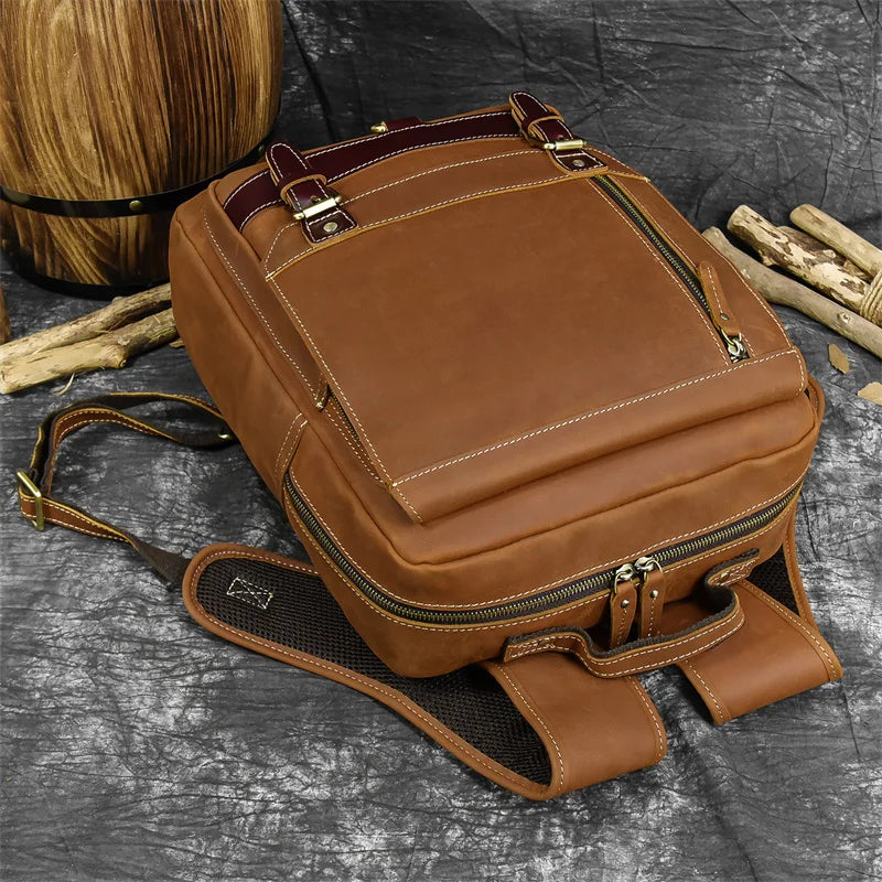 Retro Genuine Leather Backpack for Men – Durable Crazy Horse Daypack