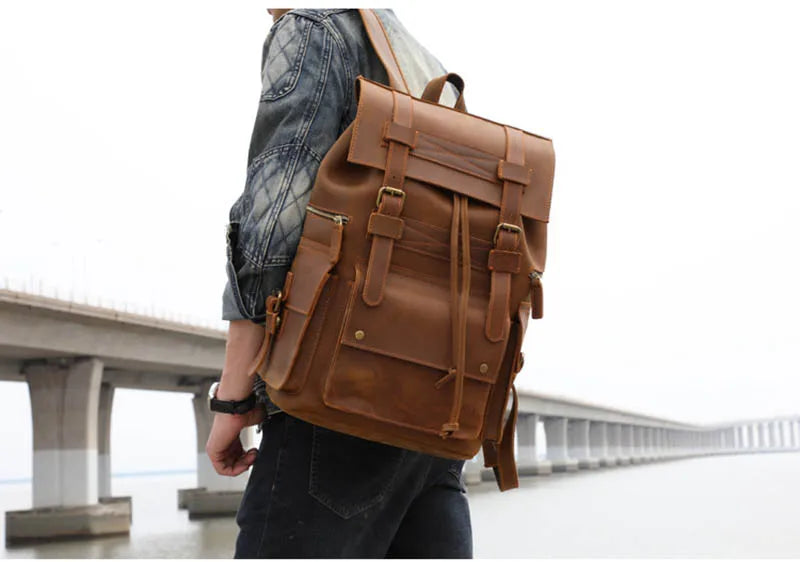 Vintage Crazy Horse Leather Backpack 15.6" Laptop Travel Daypack for Men
