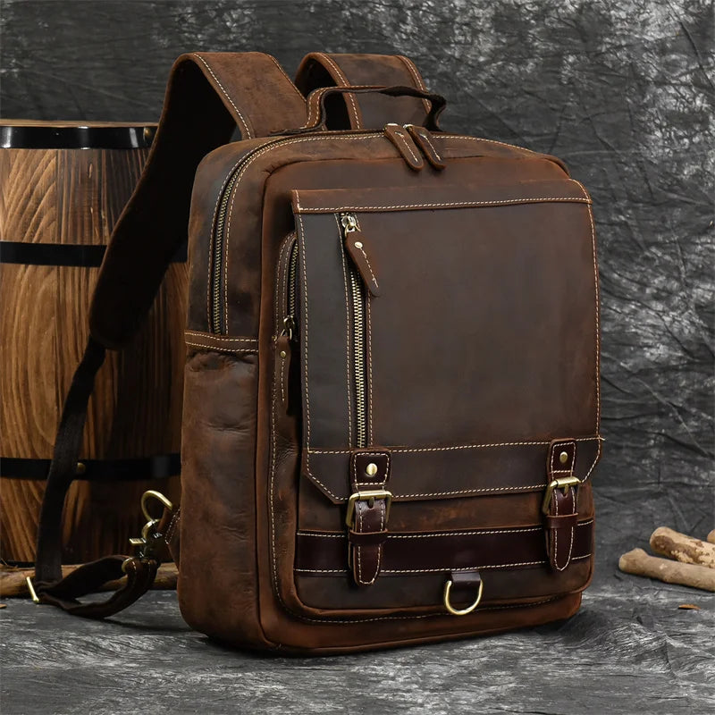 Retro Genuine Leather Backpack for Men – Durable Crazy Horse Daypack