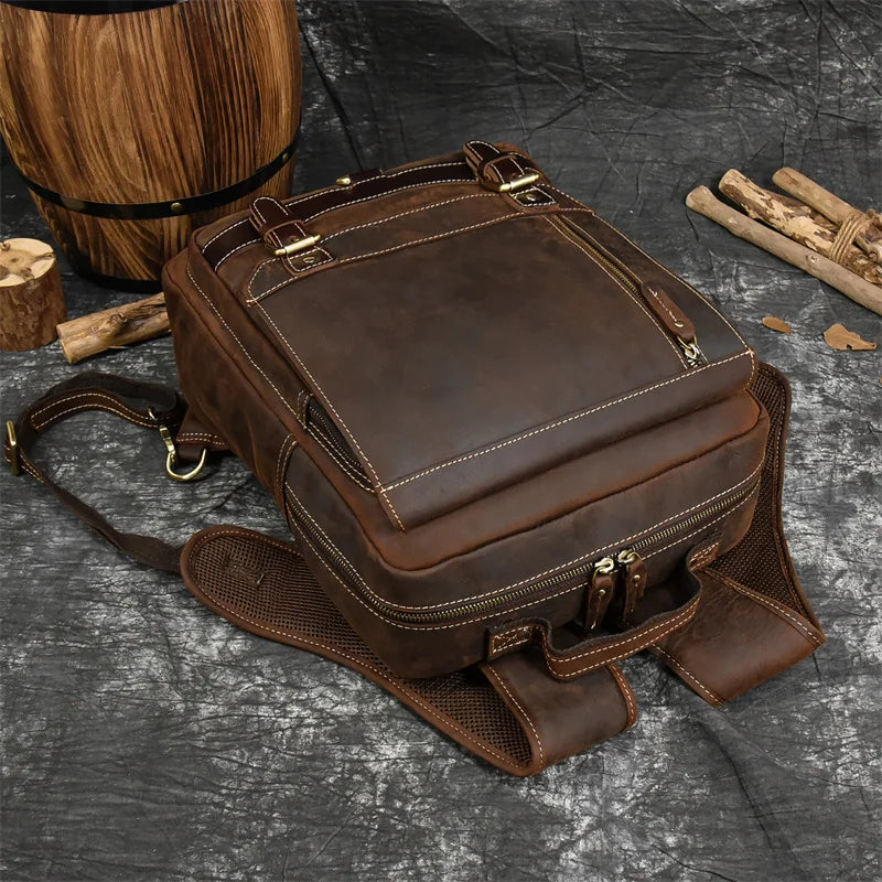 Retro Genuine Leather Backpack for Men – Durable Crazy Horse Daypack