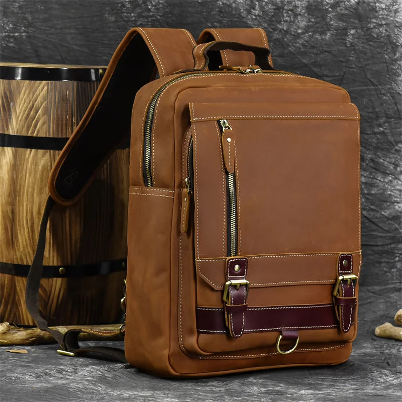 Retro Genuine Leather Backpack for Men – Durable Crazy Horse Daypack