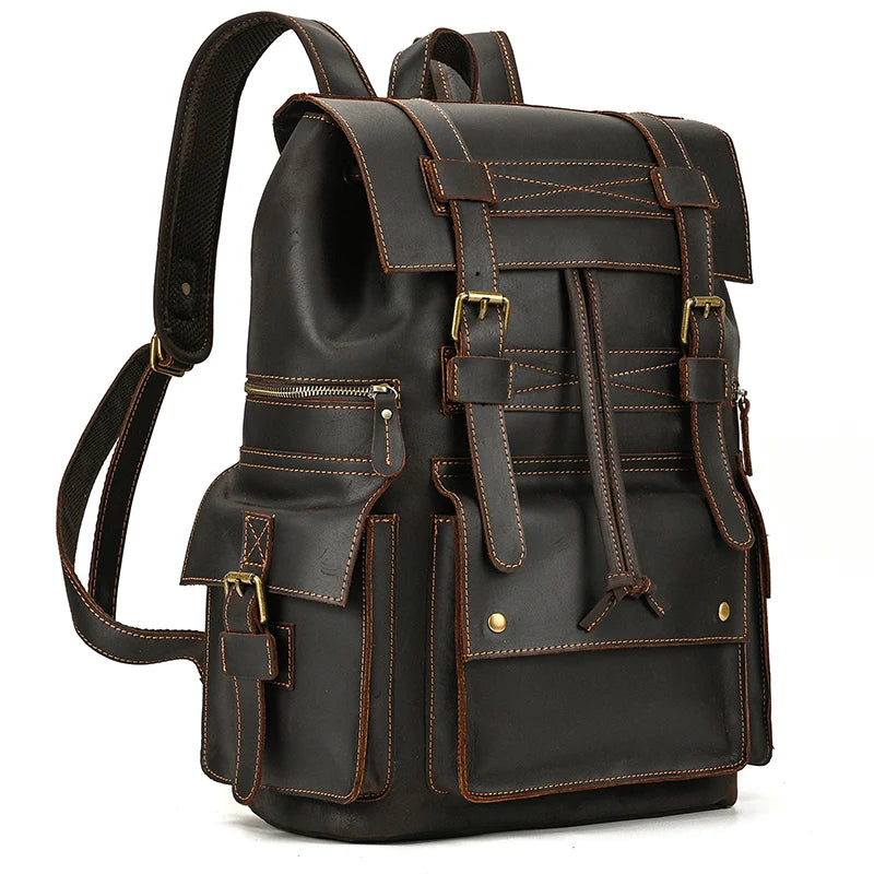 Vintage Crazy Horse Leather Backpack 15.6" Laptop Travel Daypack for Men