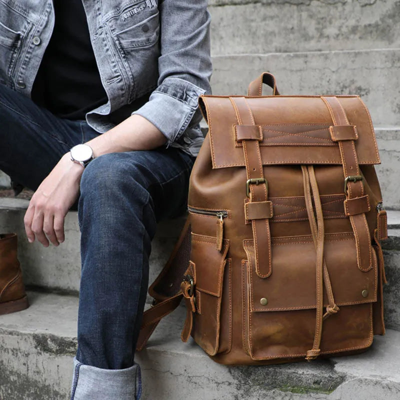 Vintage Crazy Horse Leather Backpack 15.6" Laptop Travel Daypack for Men
