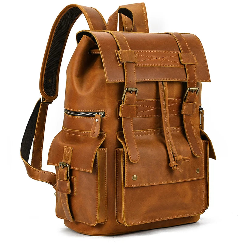 Vintage Crazy Horse Leather Backpack 15.6" Laptop Travel Daypack for Men