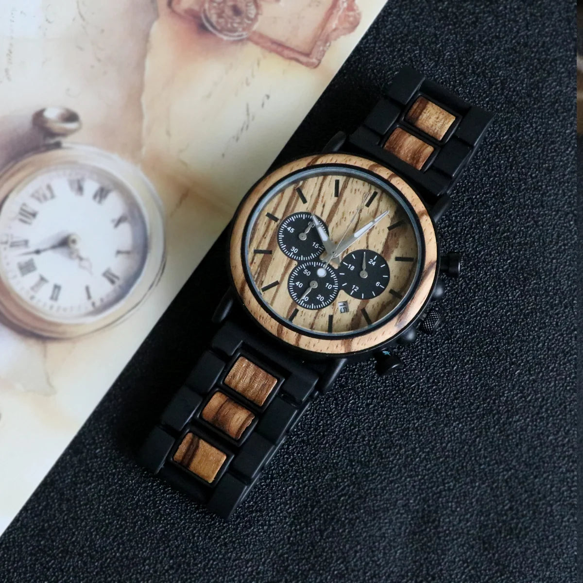 Luxury Men’s Wooden Chronograph Watch – Unique Design, Stylish Gift Timepiece
