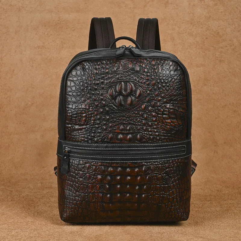 Premium Retro Cowhide Backpack with Crocodile Pattern – Business & Travel