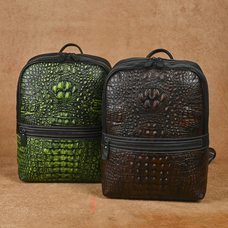 Premium Retro Cowhide Backpack with Crocodile Pattern – Business & Travel