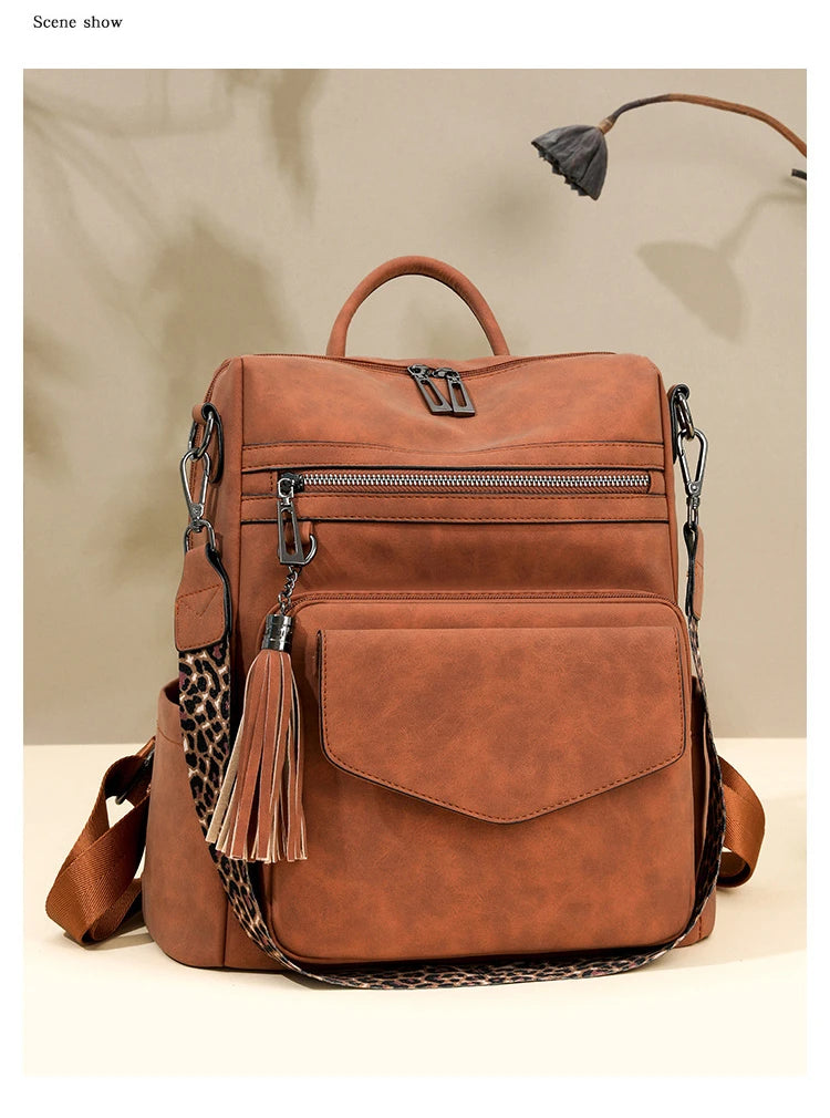 Large Leather Backpack for Women Travel Fashion Shoulder Bag With Tassel Purse