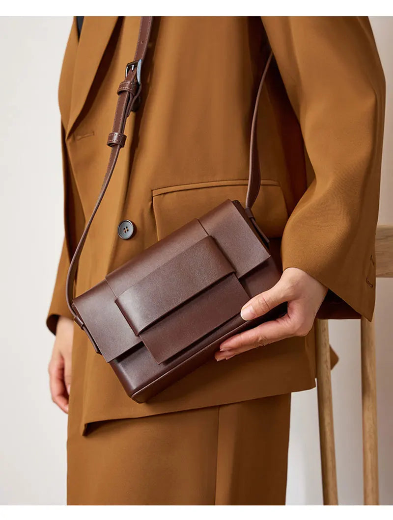 Soft Leather Crossbody Shoulder Bag – Woven Square Tofu Style, Fashionable