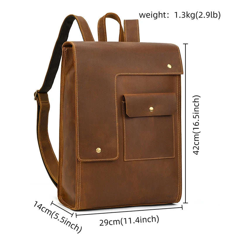 Vintage Crazy Horse Leather Backpack for Men – 15" Laptop Business Travel Bag
