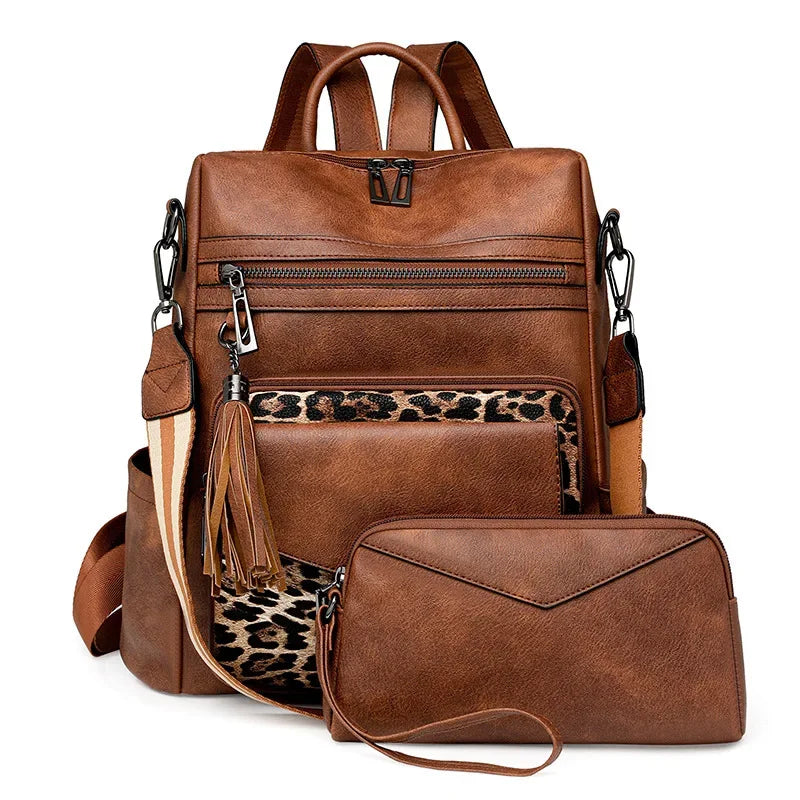 Large Leather Backpack for Women Travel Fashion Shoulder Bag With Tassel Purse