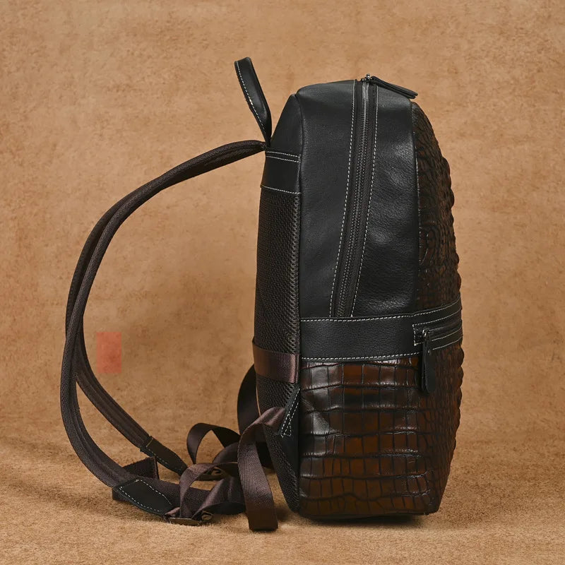Premium Retro Cowhide Backpack with Crocodile Pattern – Business & Travel