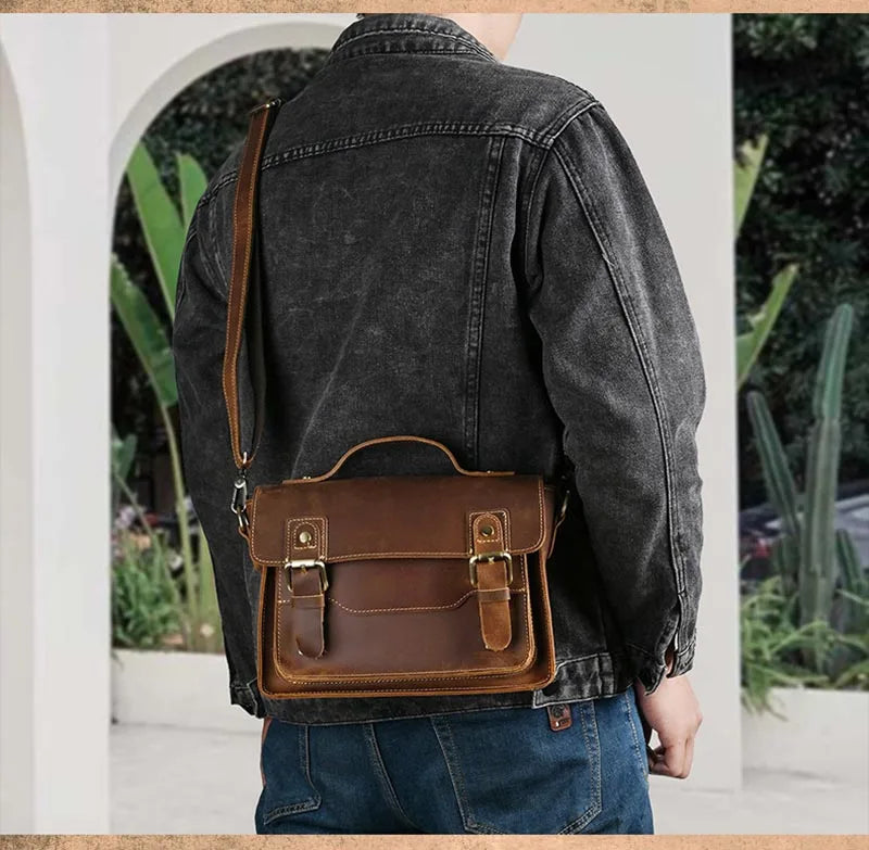 Vintage Crazy Horse Leather Men's Shoulder Crossbody Travel Bag