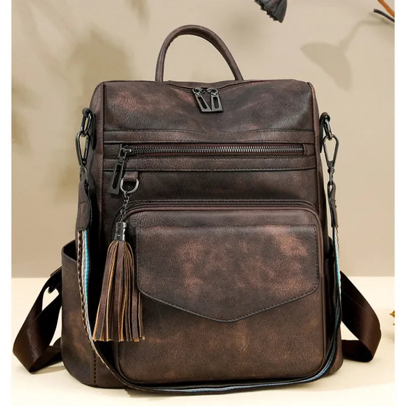 Large Leather Backpack for Women Travel Fashion Shoulder Bag With Tassel Purse