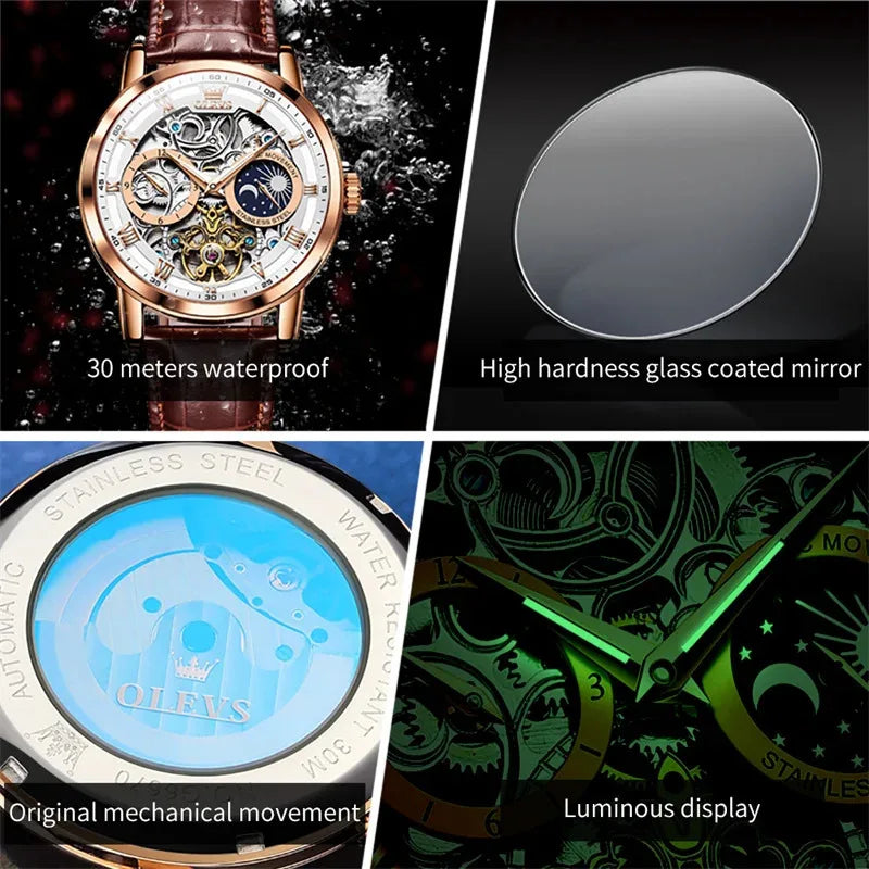 Luxury Men’s Skeleton Automatic Leather Waterproof Mechanical Watch