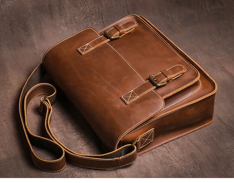 Retro Crazy Horse Leather Messenger Bag Crossbody Satchel