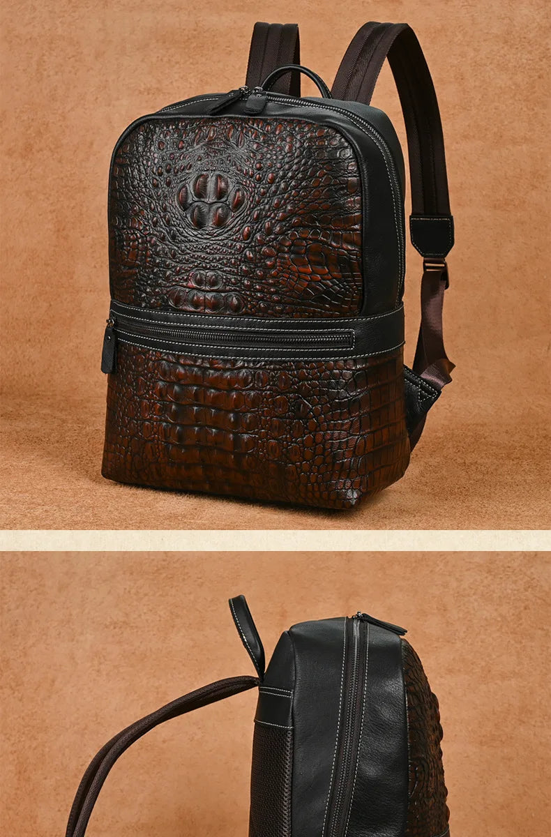 Premium Retro Cowhide Backpack with Crocodile Pattern – Business & Travel