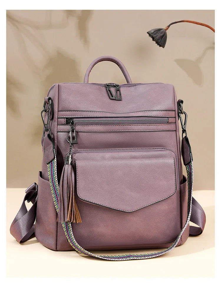 Large Leather Backpack for Women Travel Fashion Shoulder Bag With Tassel Purse