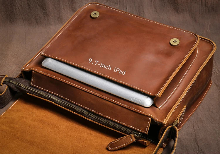 Retro Crazy Horse Leather Messenger Bag Crossbody Satchel