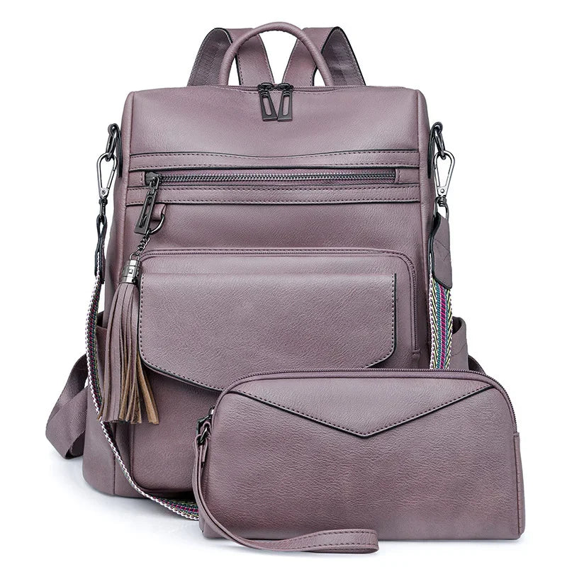 Large Leather Backpack for Women Travel Fashion Shoulder Bag With Tassel Purse