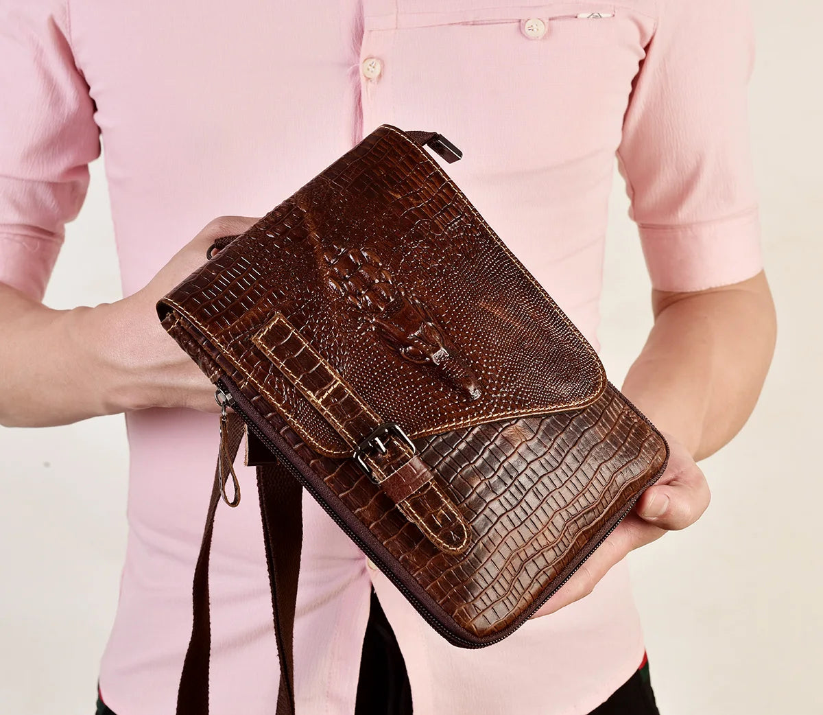 Alligator Crocodile Pattern Men’s Cow Leather Shoulder Bag