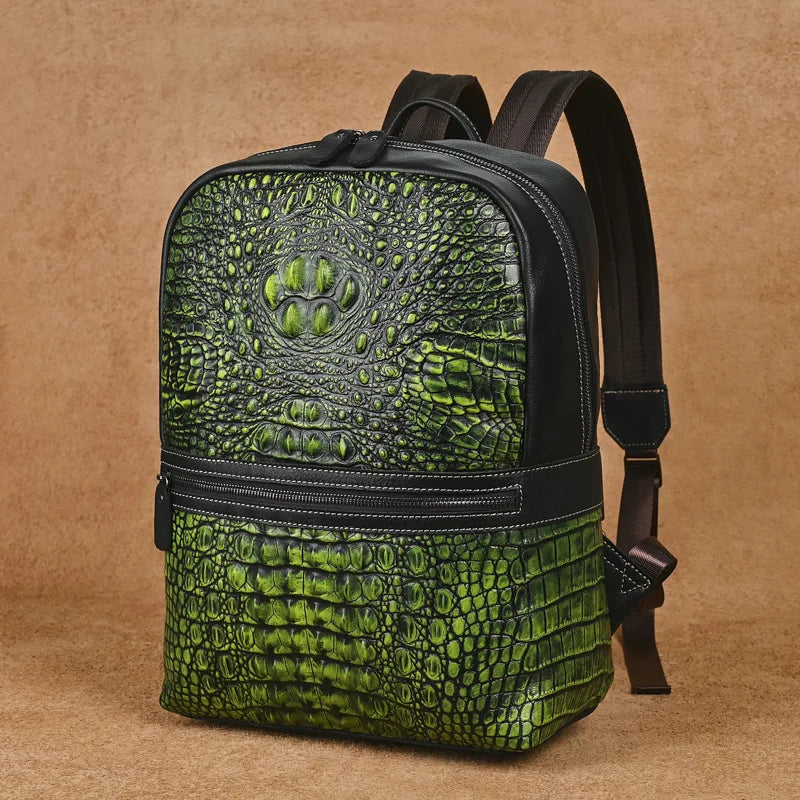 Premium Retro Cowhide Backpack with Crocodile Pattern – Business & Travel