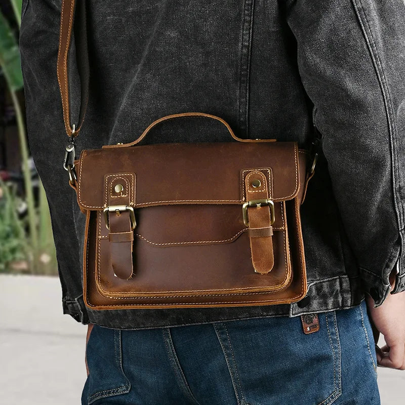 Vintage Crazy Horse Leather Men's Shoulder Crossbody Travel Bag