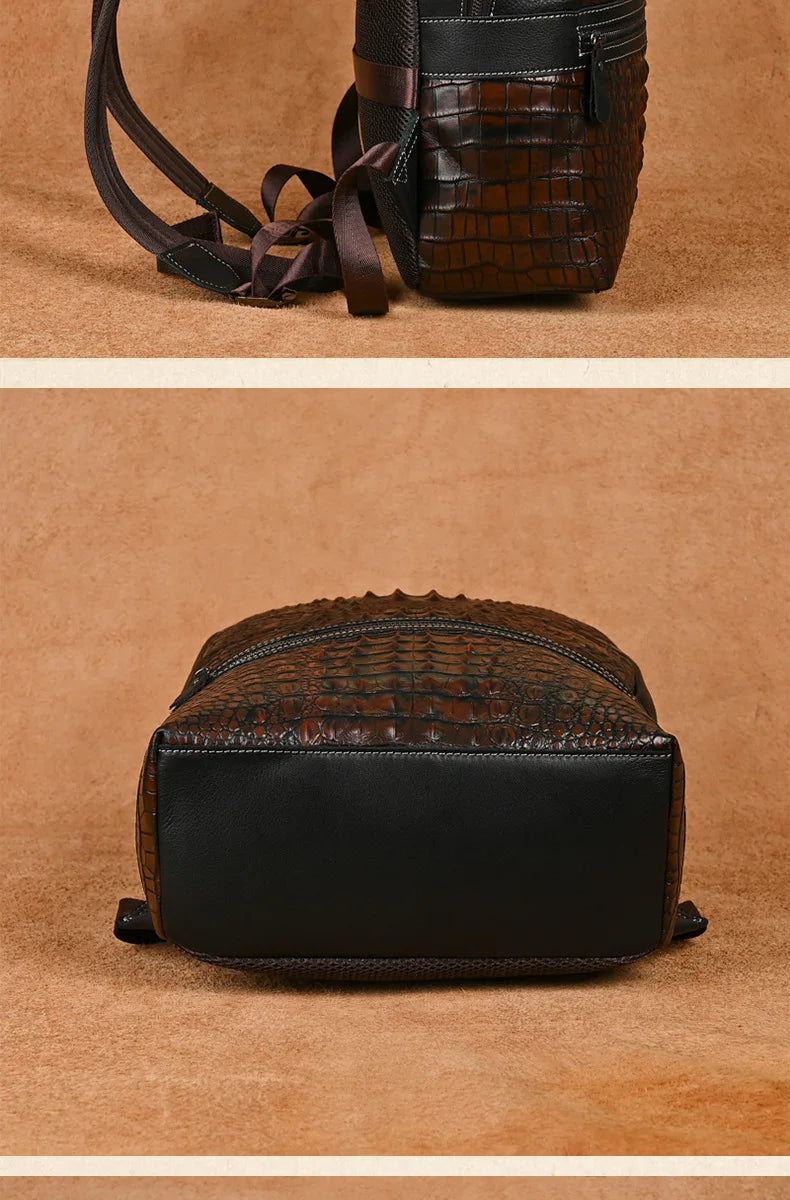 Premium Retro Cowhide Backpack with Crocodile Pattern – Business & Travel