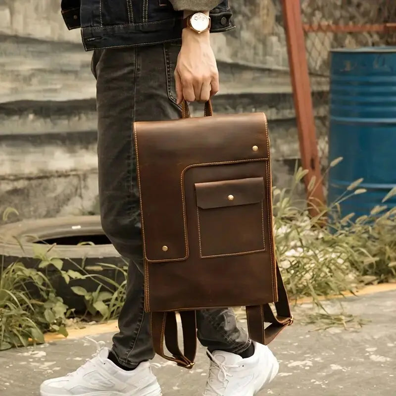 Vintage Crazy Horse Leather Backpack for Men – 15" Laptop Business Travel Bag