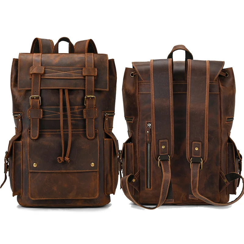 Vintage Crazy Horse Leather Backpack 15.6" Laptop Travel Daypack for Men