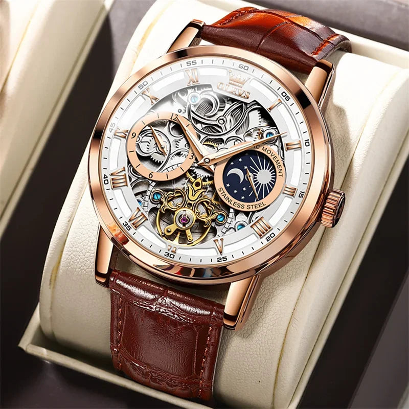 Luxury Men’s Skeleton Automatic Leather Waterproof Mechanical Watch