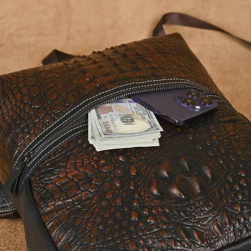 Premium Retro Cowhide Backpack with Crocodile Pattern – Business & Travel