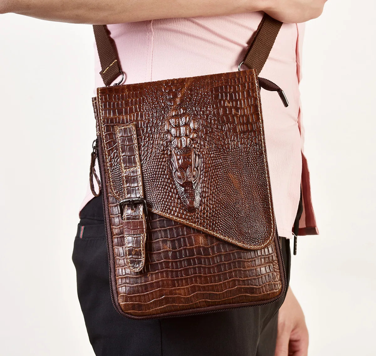 Alligator Crocodile Pattern Men’s Cow Leather Shoulder Bag
