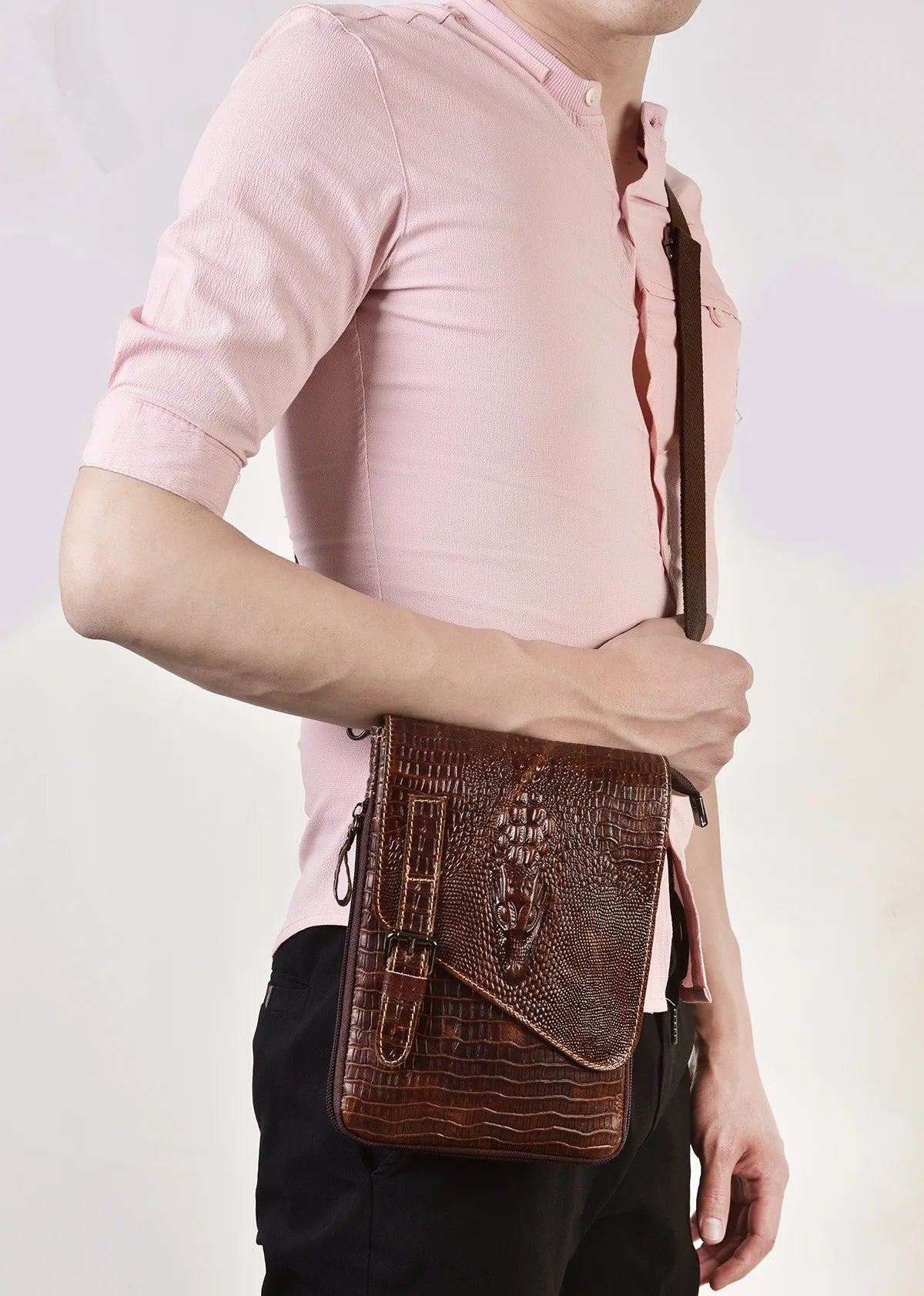 Alligator Crocodile Pattern Men’s Cow Leather Shoulder Bag