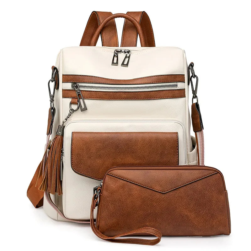 Large Leather Backpack for Women Travel Fashion Shoulder Bag With Tassel Purse