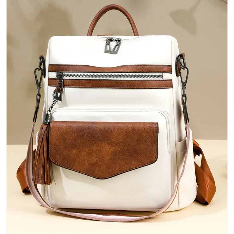 Large Leather Backpack for Women Travel Fashion Shoulder Bag With Tassel Purse
