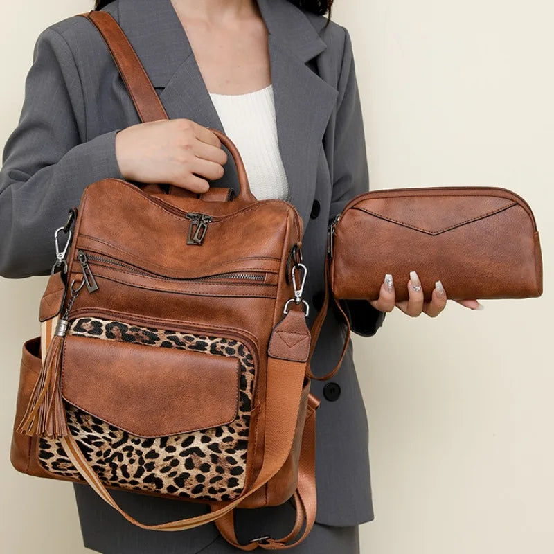 Large Leather Backpack for Women Travel Fashion Shoulder Bag With Tassel Purse