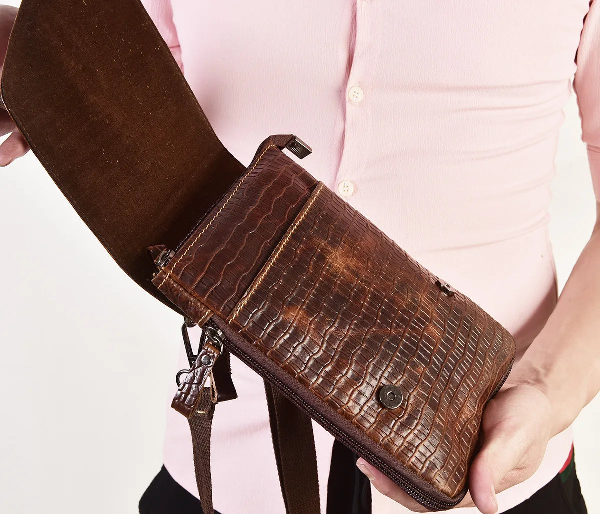 Alligator Crocodile Pattern Men’s Cow Leather Shoulder Bag