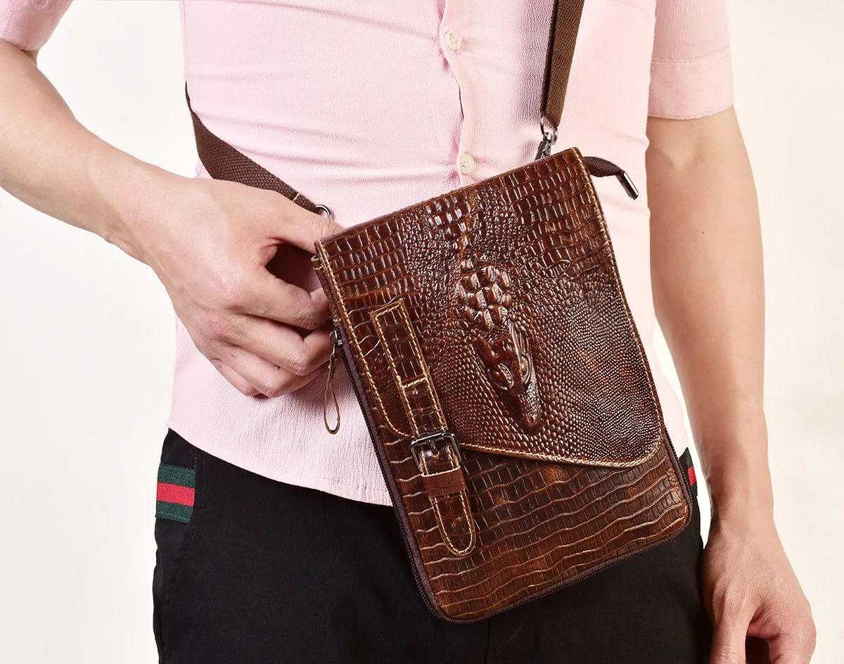Alligator Crocodile Pattern Men’s Cow Leather Shoulder Bag
