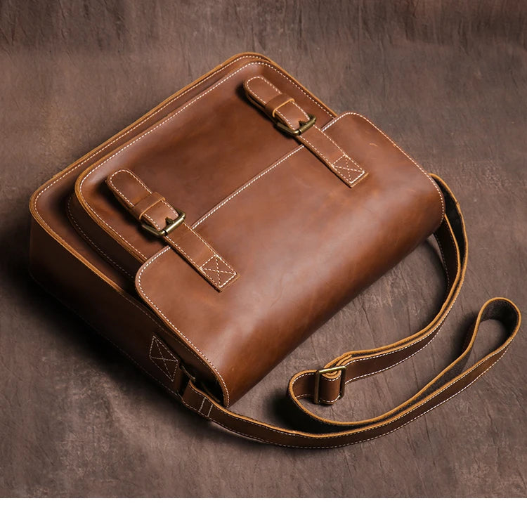 Retro Crazy Horse Leather Messenger Bag Crossbody Satchel