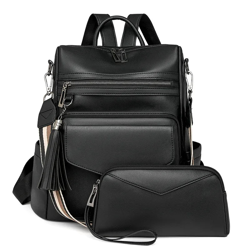 Large Leather Backpack for Women Travel Fashion Shoulder Bag With Tassel Purse