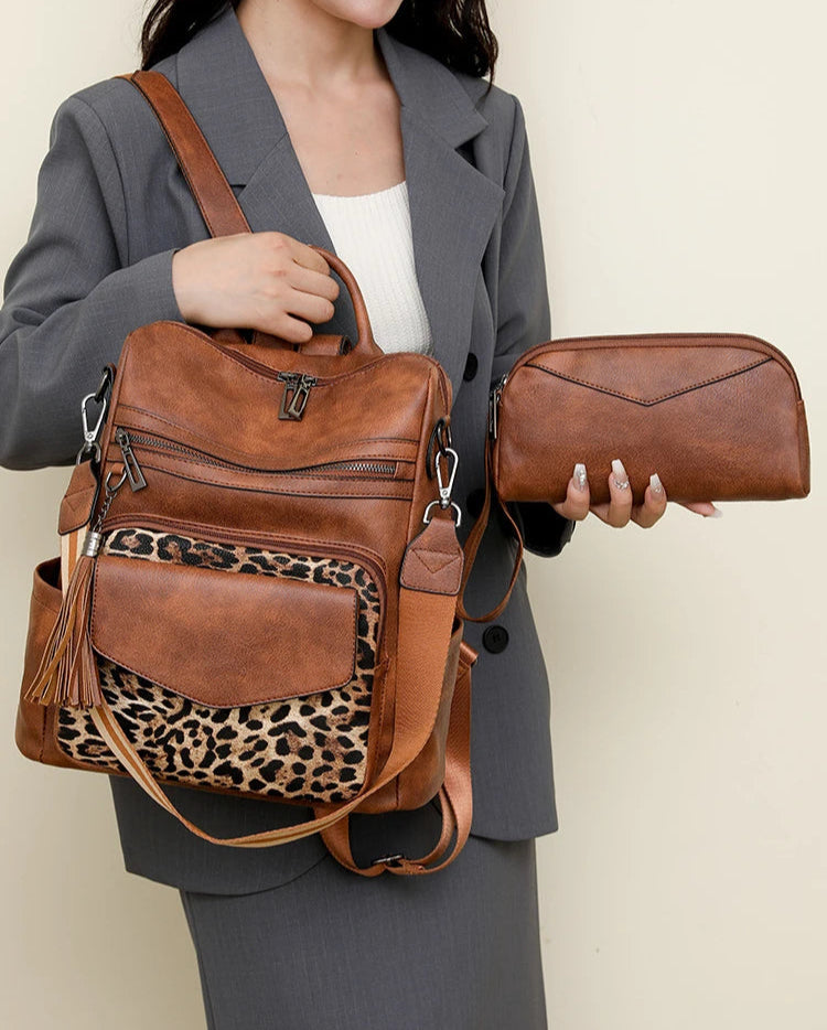 Large Leather Backpack for Women Travel Fashion Shoulder Bag With Tassel Purse