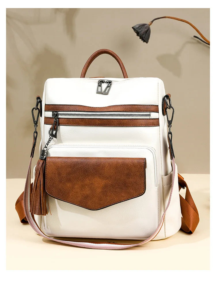 Large Leather Backpack for Women Travel Fashion Shoulder Bag With Tassel Purse