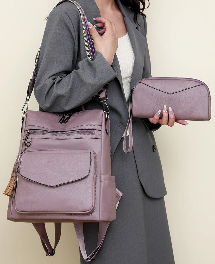 Large Leather Backpack for Women Travel Fashion Shoulder Bag With Tassel Purse