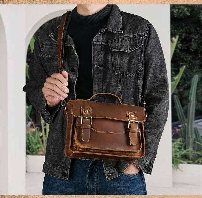 Vintage Crazy Horse Leather Men's Shoulder Crossbody Travel Bag