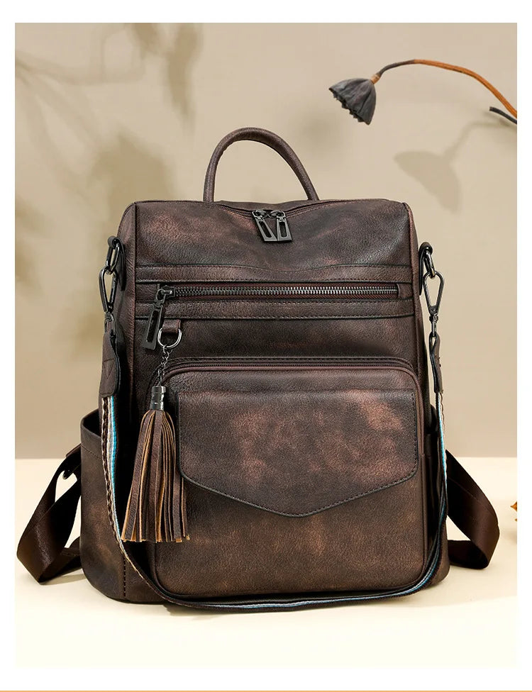 Large Leather Backpack for Women Travel Fashion Shoulder Bag With Tassel Purse